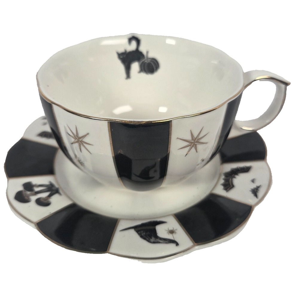 Art Deco Tea Cup & Saucer Black White Gold Geometric Ceramic Park Chateau